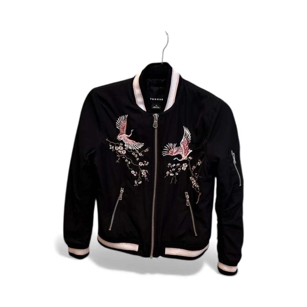 Trouve Black Bomber Jacket with Pink Cranes and Embroidery
